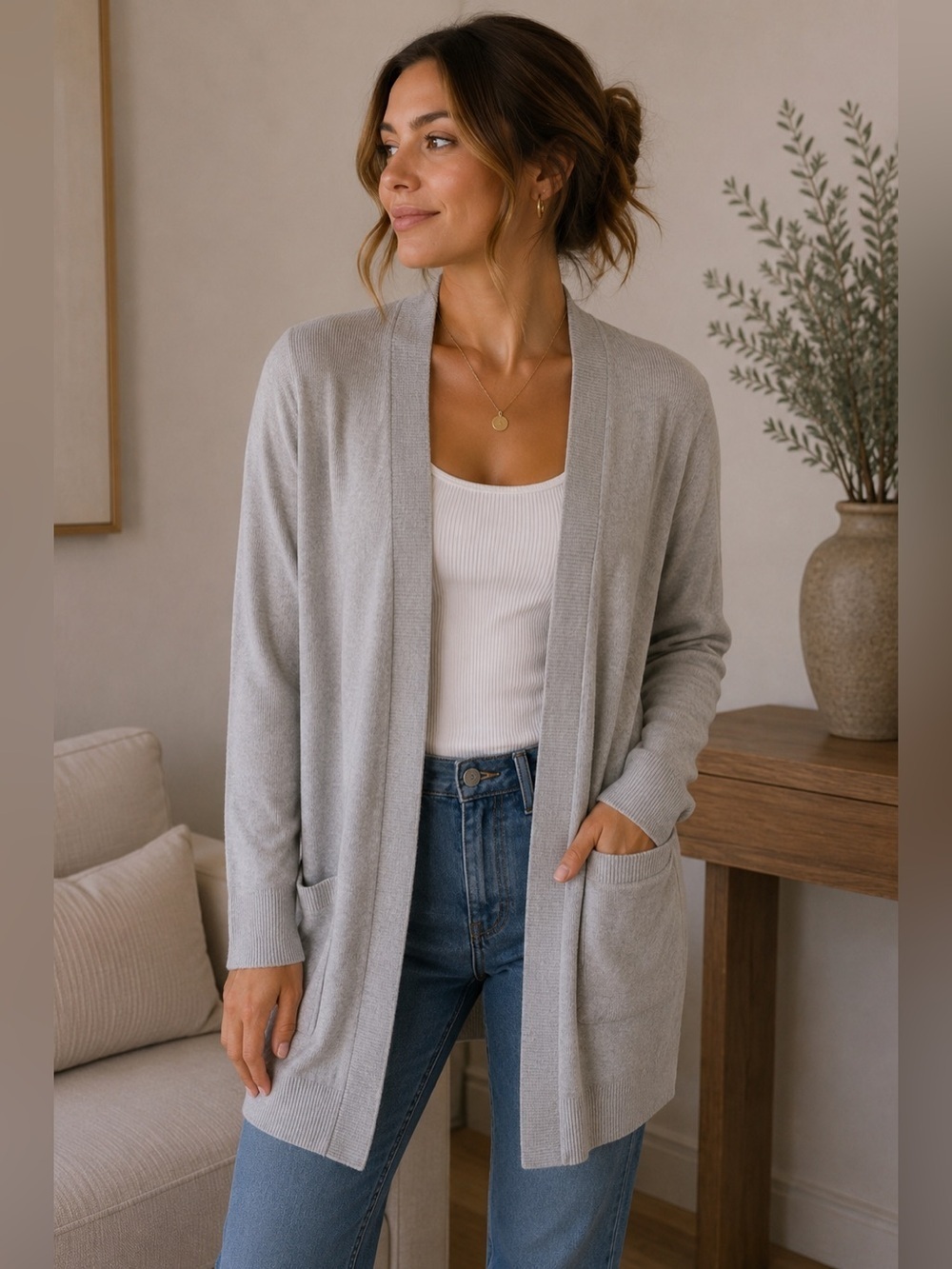 Light Gray Open Front Cardigan Size S Minimalist Lightweight Knit Neutral Cozy